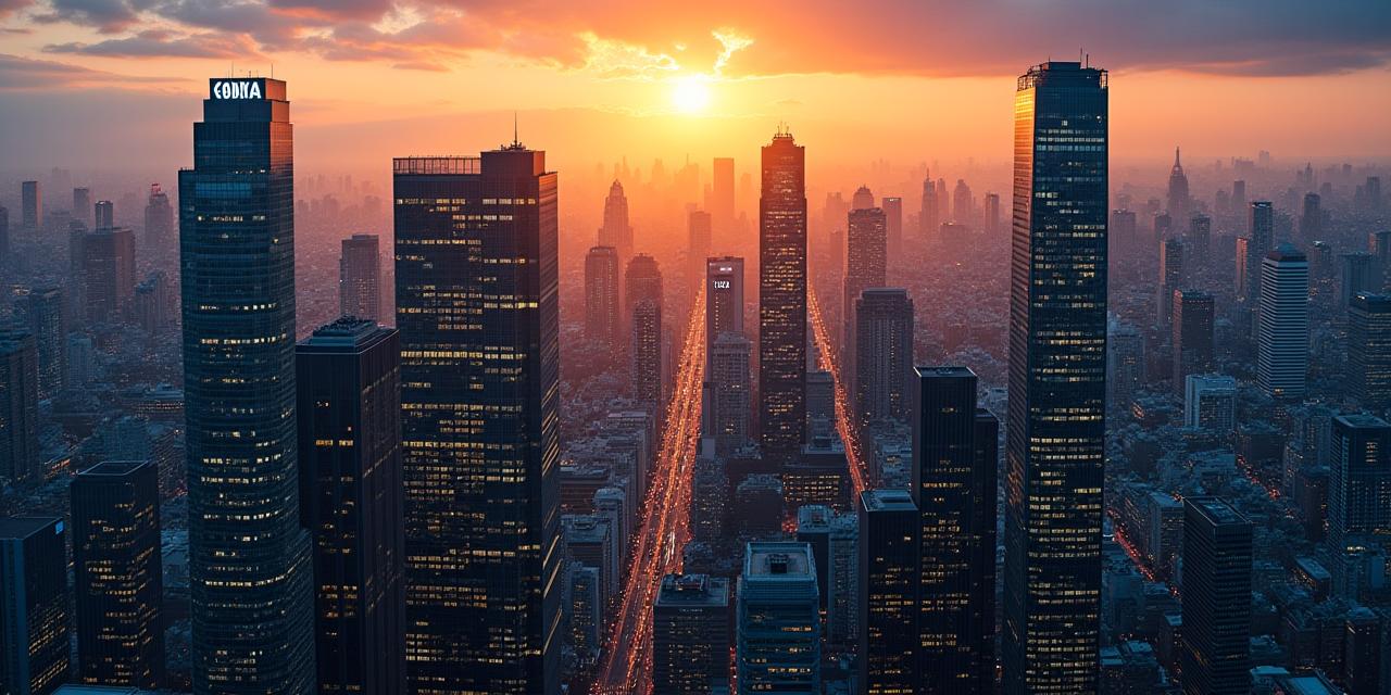 東京のモダンなオフィスビルと夕焼けのスカイライン。プロフェッショナルなイメージ。