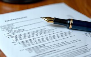 契約書、ペン、そして洗練されたオフィスのデスク上にある法的なシンボル。