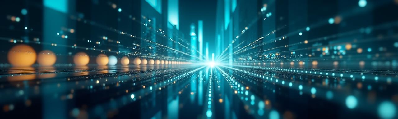 東京の近代的なビジネス街の抽象的な画像。プロフェッショナルな青色と金色を基調とした、グローバルなつながりを示す光の線。